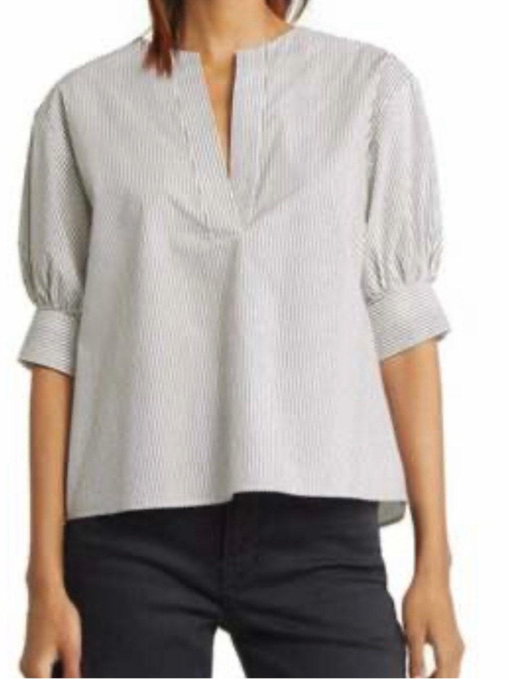 FRAME Striped Split-Neck Puff Sleeve Top - Off White/Black